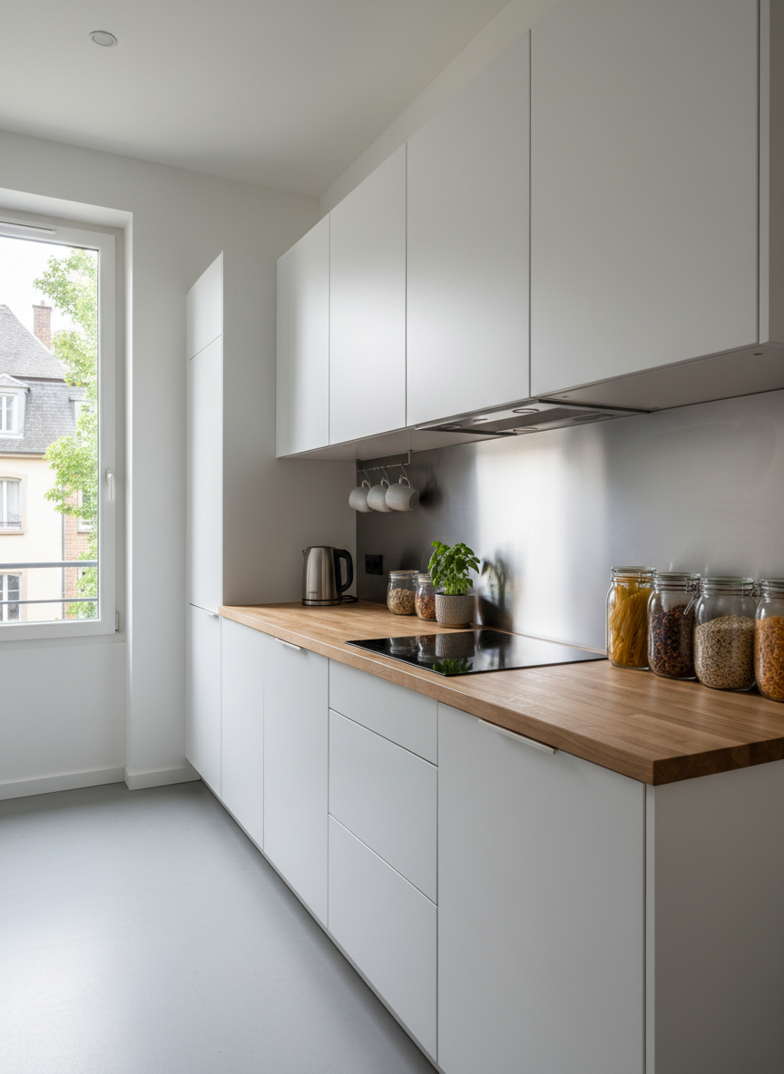 A refined, fully equipped shared kitchen in a Strasbourg colocation, featuring handleless matte-white cabinets, a long light-wood countertop, and a sleek built-in induction cooktop with a brushed-steel backsplash. A tall window frames a glimpse of the Esplanade’s leafy streets, letting in crisp, diffused daylight that highlights the smooth textures and clean lines. On the counter, neatly arranged glass jars with dry goods, a stainless-steel kettle, and a small potted herb add subtle color. Photographic realism, shot from a slightly elevated angle with clear depth, emphasizing orderliness and contemporary design. The mood is practical yet elegant, suggesting a harmonious, organized space shared by students and young professionals.