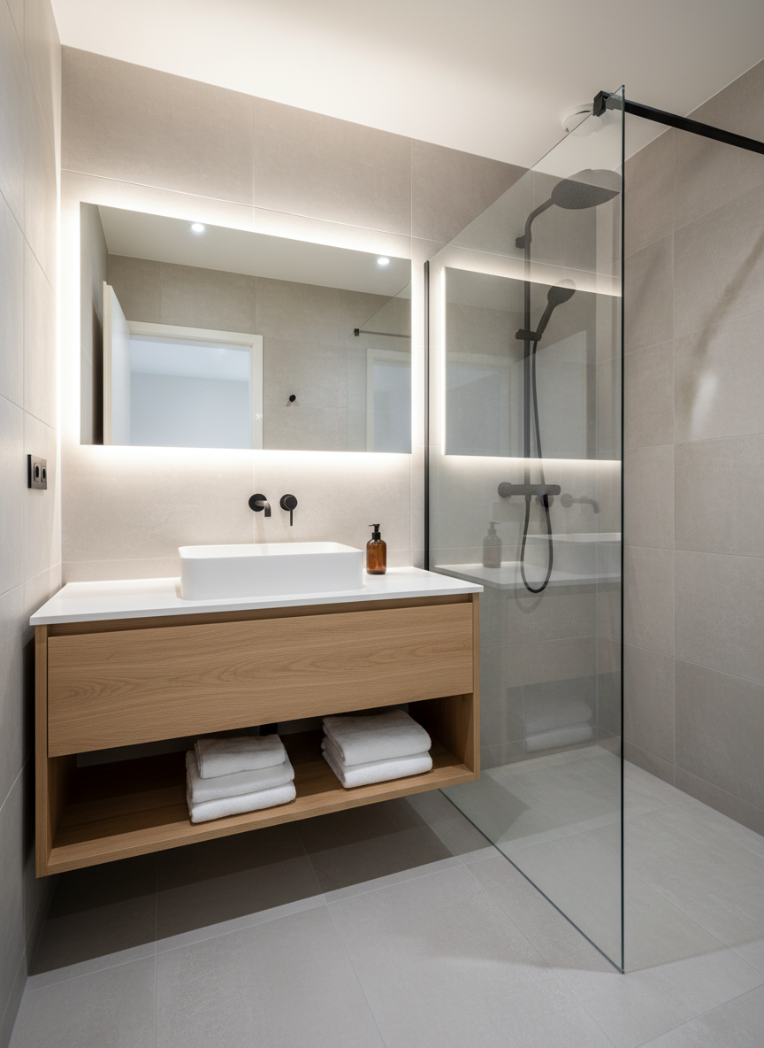 A meticulously designed shared bathroom in a chic Strasbourg Esplanade colocation, featuring large-format light-grey porcelain tiles on floor and walls, and a floating vanity in pale oak topped with a white rectangular vessel sink. Above, a frameless mirror extends the width of the vanity, reflecting diffused LED strip lighting that creates a soft, flattering glow without harsh shadows. A walk-in shower with clear glass partition and a sleek black rainfall showerhead stands to the side, water droplets still visible on the glass. Carefully folded white towels rest on an open shelf, and a small amber-glass soap dispenser adds a luxurious touch. Photographic realism, slightly elevated angle, crisp focus, conveying cleanliness, sophistication, and everyday comfort.