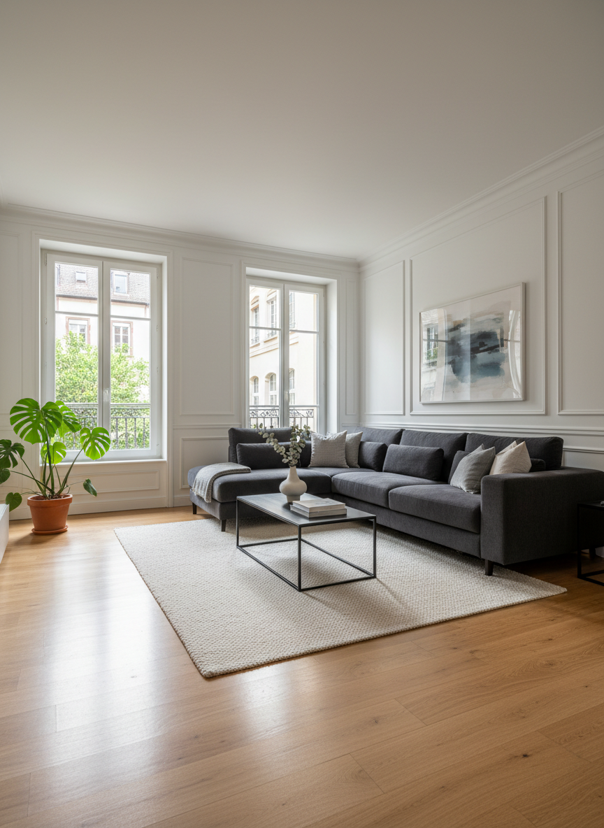 A spacious, meticulously renovated living room of a Strasbourg colocation apartment, showcasing pale oak parquet flooring, high white walls with elegant mouldings, and large double-glazed French windows opening onto a quiet urban courtyard. A deep charcoal-grey modular sofa sits on a textured cream wool rug, facing a slim matte-black metal coffee table with a few art books and a minimalist ceramic vase. Soft late-afternoon natural light floods the room, creating gentle reflections on the parquet and subtle shadows under the furniture. Photographic realism, shot at eye level with a wide angle, sharp focus throughout, conveying a sophisticated, calm, and welcoming atmosphere ideal for shared living in the Esplanade district.