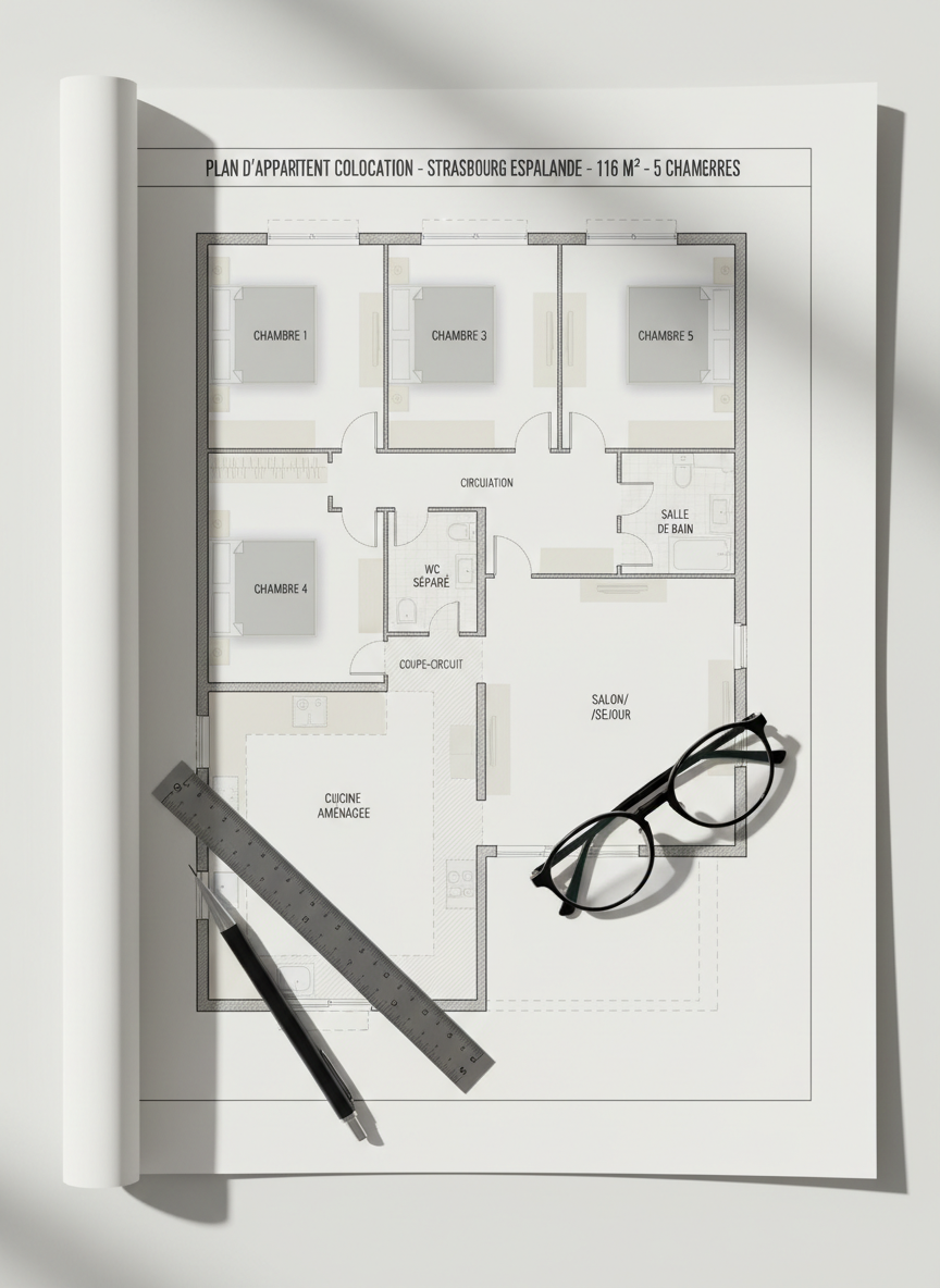 An overhead view of a carefully drawn floor plan of a 5-bedroom, 116 m² colocation apartment in Strasbourg’s Esplanade district, rendered in photographic realism as if printed on thick matte architectural paper. Each bedroom is clearly labeled and shaded in a soft neutral tone, while common areas—living room, kitchen, hallway, bathroom—are subtly differentiated by texture and color. A slim metal ruler, a mechanical pencil, and a pair of black-rimmed glasses rest casually on the paper, suggesting thoughtful planning. Soft, indirect daylight from a nearby window creates gentle shadows from the objects, emphasizing the plan’s relief. The mood is organized and professional, underlining the rational, sophisticated layout of the shared space.